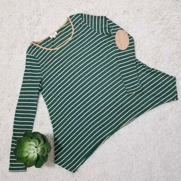 Umgee Brand Top Hunter Green & Cream Stripes Tan Faux Suede Accents Size Small - Picture 5 of 12